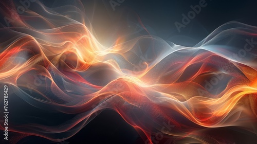 abstract waves with a fiery design and sparkling particles  evoking a sense of warmth and movement  set against a stark black background.