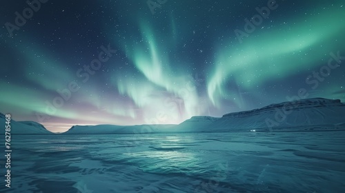 A stunning natural phenomenon, the Aurora Borealis, shines with vivid colors above a serene coastal beach at night, reflecting on the wet sand and the sea.