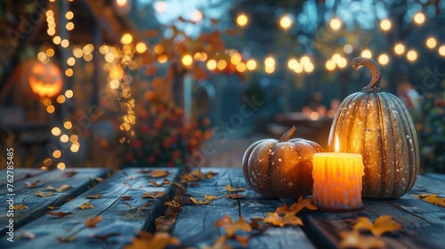 Festive Halloween setting with carved pumpkins illuminated by a glowing candle and surrounded by autumn leaves on a wooden table, creating a cozy, spooky atmosphere.