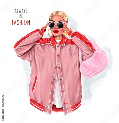 Beautiful fashion girl in sunglasses. Stylish blond hair woman with handbag. Fashion illustration 