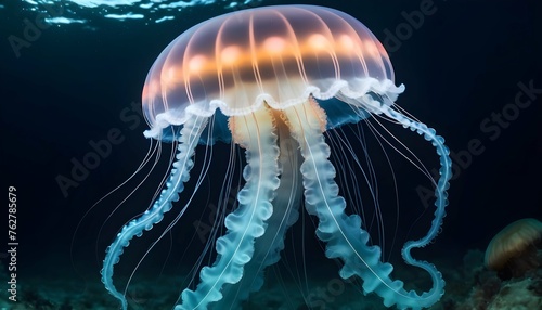 A Jellyfish With Tentacles That Glow In The Ocean Upscaled 3