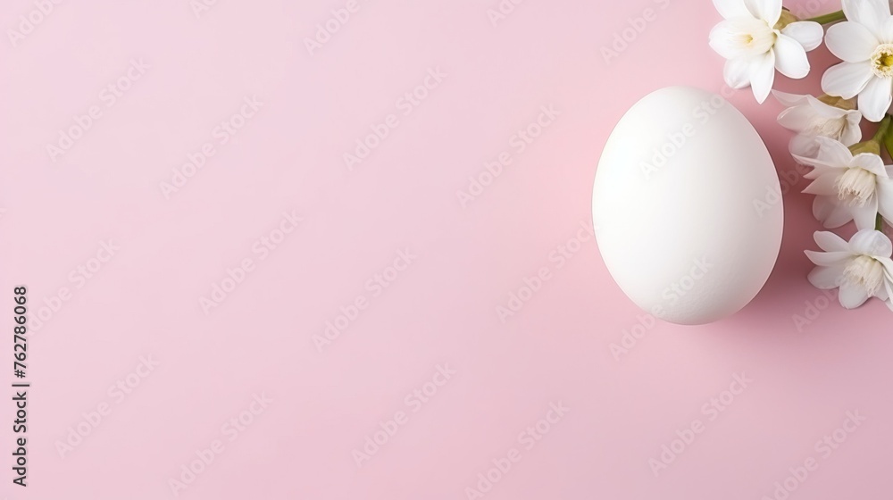 White egg and spring flowers. Easter minimal on pink background. Happy easter, spring or summer, food concept.


