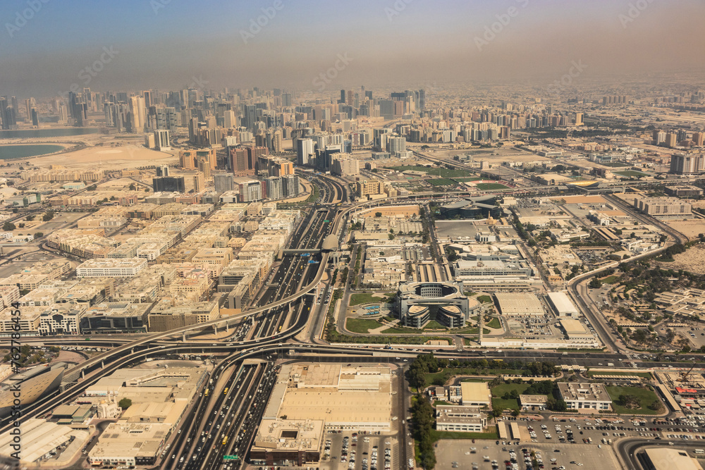 Aerial view of Dubai and Sharjah, United Arab Emirates.