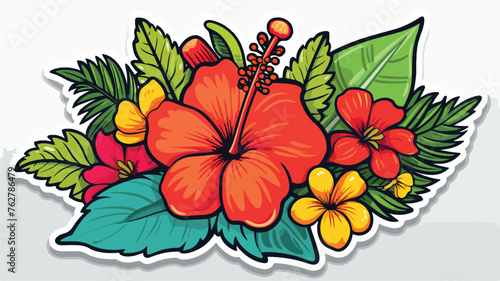 Fototapeta Naklejka Na Ścianę i Meble -  Doodle sticker with tropical summer flower flat vec