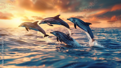Graceful Dolphins Leaping at Sunset AI Generated