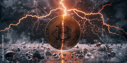 Golden Bitcoin stands amidst a dramatic backdrop of lightning strikes, symbolizing the halving of the mining rewards