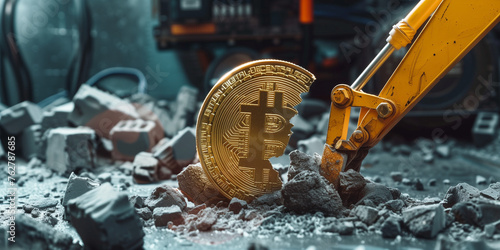 Golden Bitcoin emerges from the dust with an excavator bucket, symbolizing the hard work of crypto mining