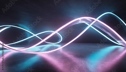 3d render abstract background of neon ribbon fluorescent ines glowing in the dark room with floor reflection fantastic panoramic wallpaper digital data transfer energy concept