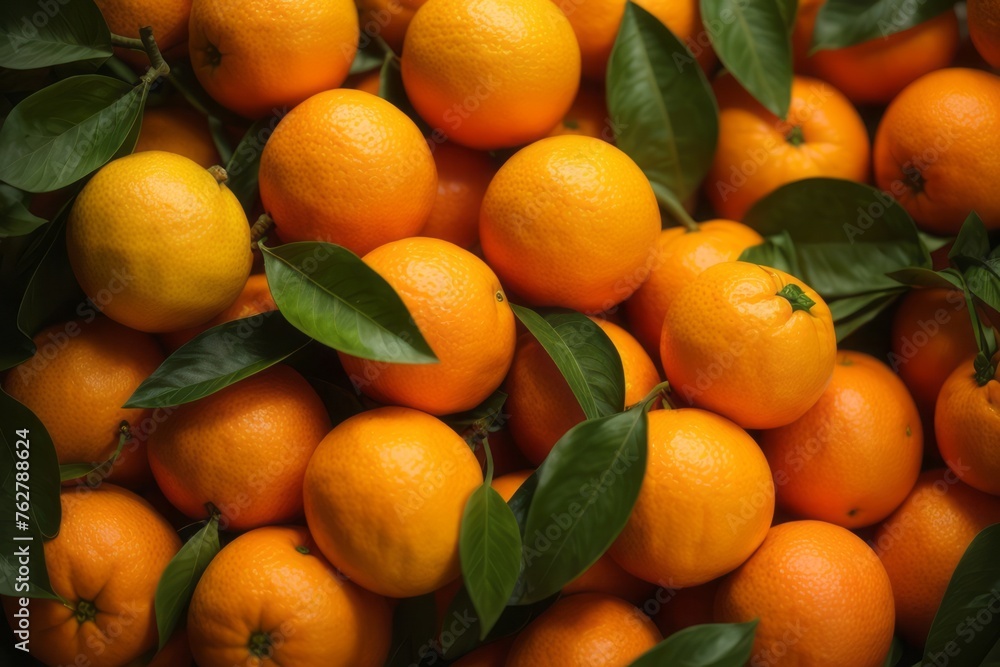 top view of fresh mandarin oranges on green leaves background. agriculture, farming and harvesting concept top view of fresh mandarin oranges on green leaves background. agriculture, farming and harvesting concept