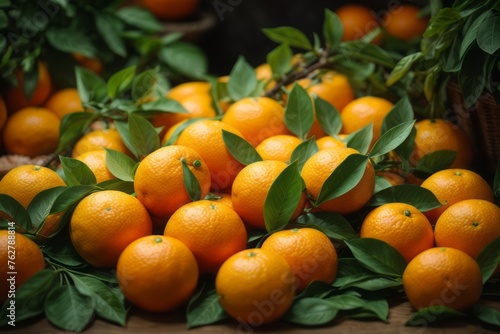 top view of fresh mandarin oranges on green leaves background. agriculture, farming and harvesting concept