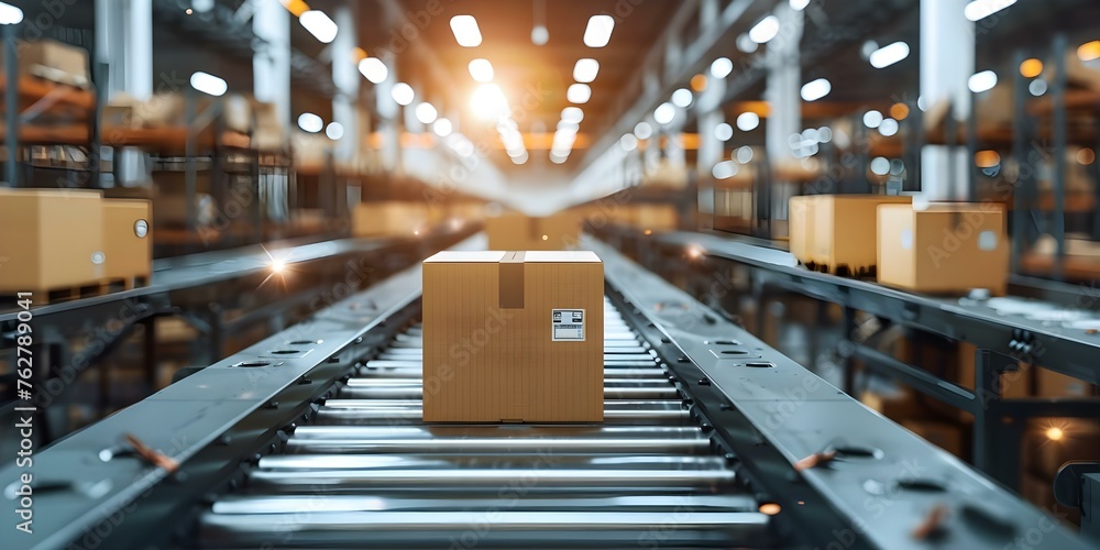 Warehouse automation conveyor belt moves boxes in distribution facility