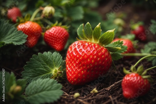 Red strawberry growing lush and ready for harvest. agriculture  farming and harvesting concept