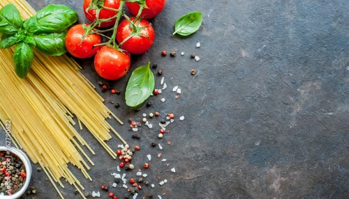 italian food background onblack pasta parmesan fresh tomatoes and basil with spices top view with copy space