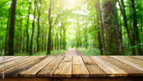 ideal for photo editing or showcasing products an empty wooden table with a blurred green forest background and bokeh effect