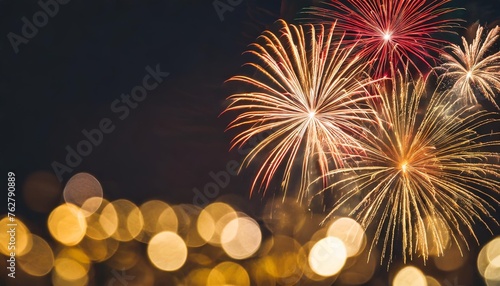 gold and dark red fireworks and bokeh in new year eve and copy space abstract background holiday generative