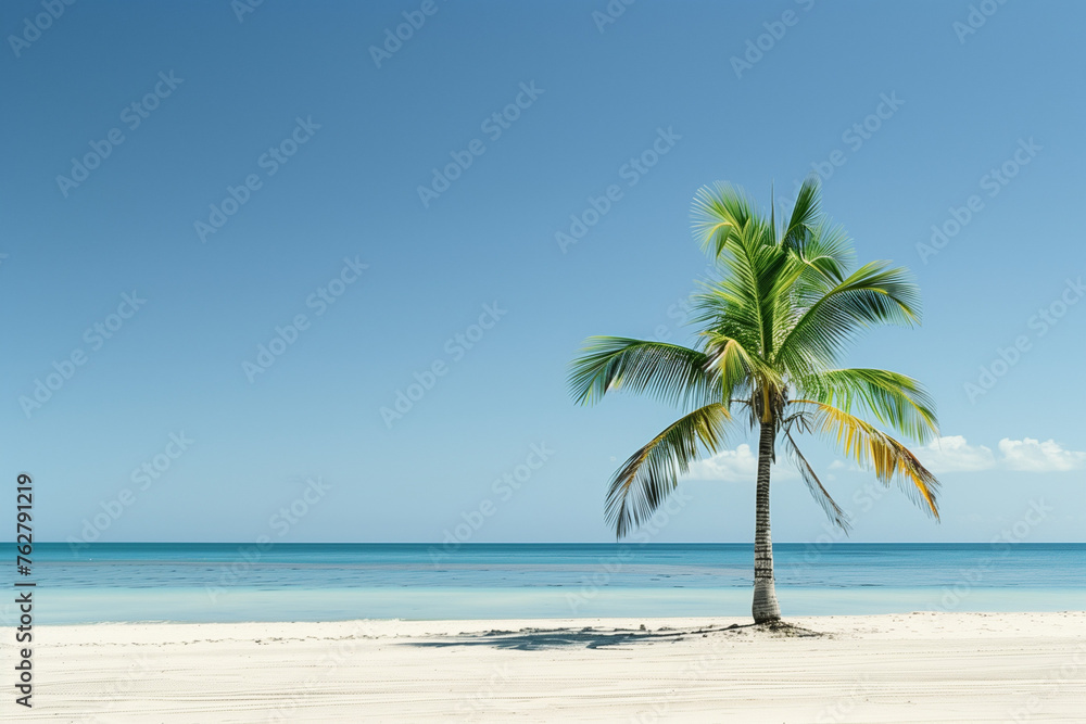 A minimalist beach scene with smooth sand, a single palm tree, and a clear, blue sky