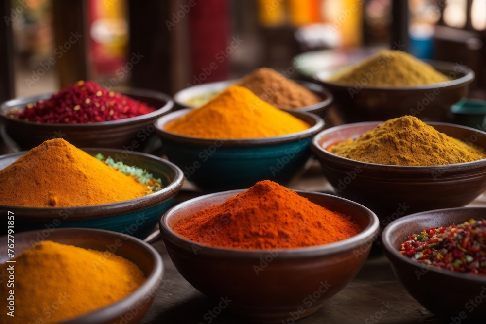 colorful spices on bowls at Indian market
