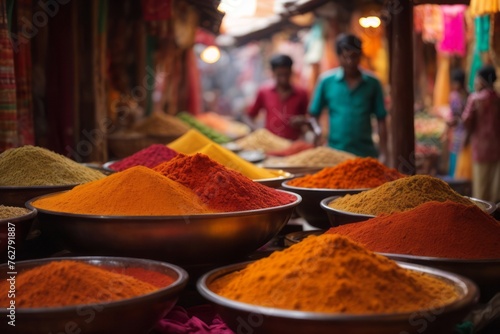 colorful spices on bowls at Indian market