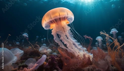A Jellyfish In A Sea Of Glowing Underwater Creatur Upscaled 10 2