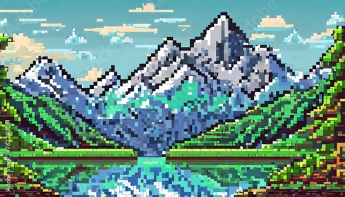 video game background landscape with mountains and forests in 16 bit pixels retro video arcade game nature location with pixel art mountain hills snow peaks sky and clouds trees grass and lake