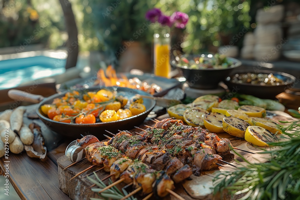 Poolside barbeque party with a grill and a large selection of food