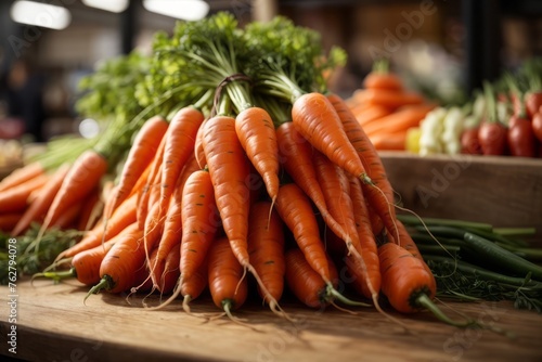 Bunch of carrots on wooden table. agriculture, farming and harvesting concept