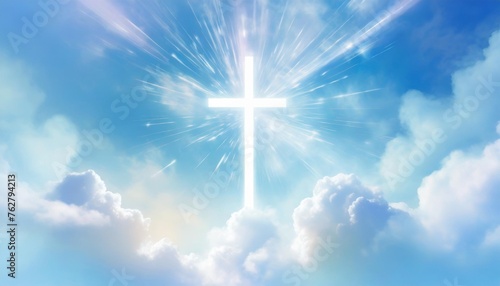 christian cross appeared bright in the sky with soft fluffy clouds white beautiful colors with the light shining as hope love and freedom in the sky background