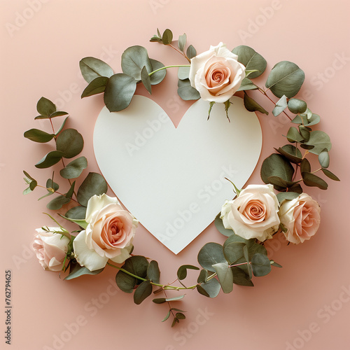 A white heart-shaped frame with roses on a pink background, flat lay