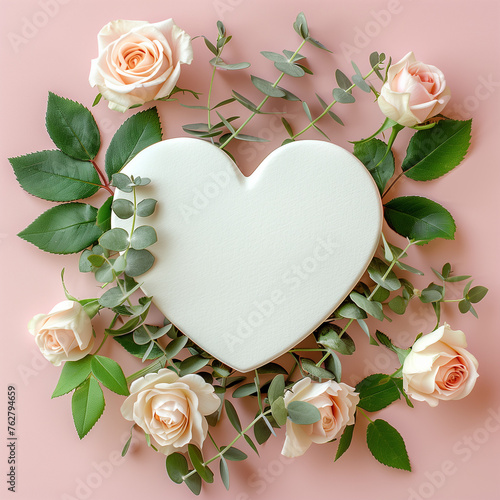 A white heart-shaped card with roses on a pink background, flat lay