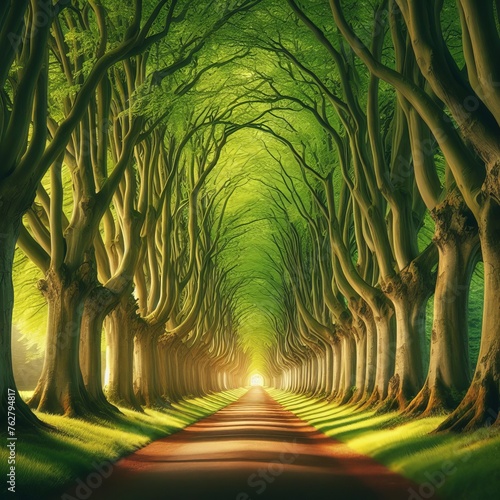 A captivating lime tree avenue resembling a tunnel, adorned with fresh green foliage, located in the park of Hundisburg Castle, Haldensleben, Saxony-Anhalt, Germany, Europe photo