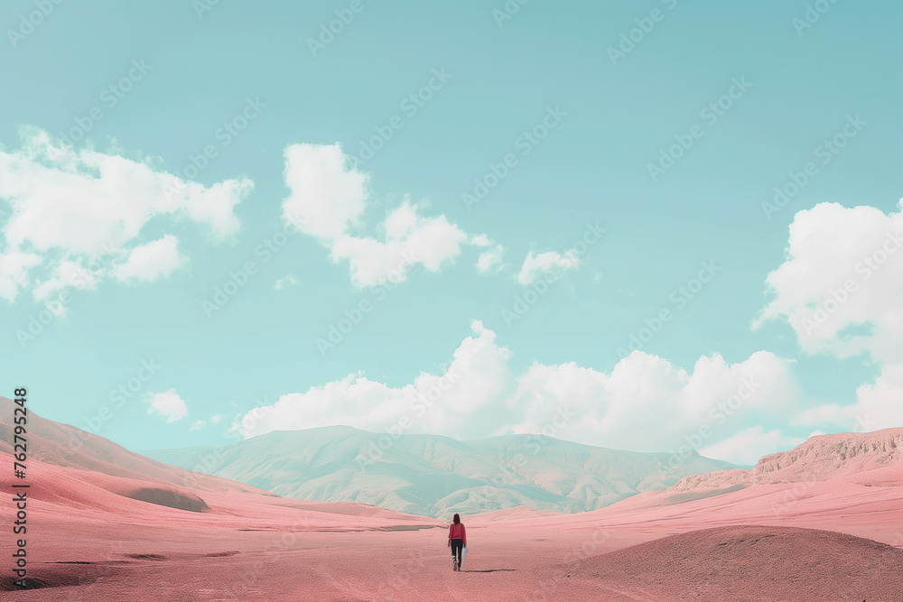 Aesthetic image of Solitary Figure in Pastel Desert sand. Calming Rhythms of Nature. Concept of minimalist and tranquility
