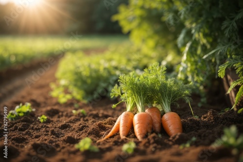 Carrots grow in the field or farm with sunlight, agriculture, farming and harvesting concept