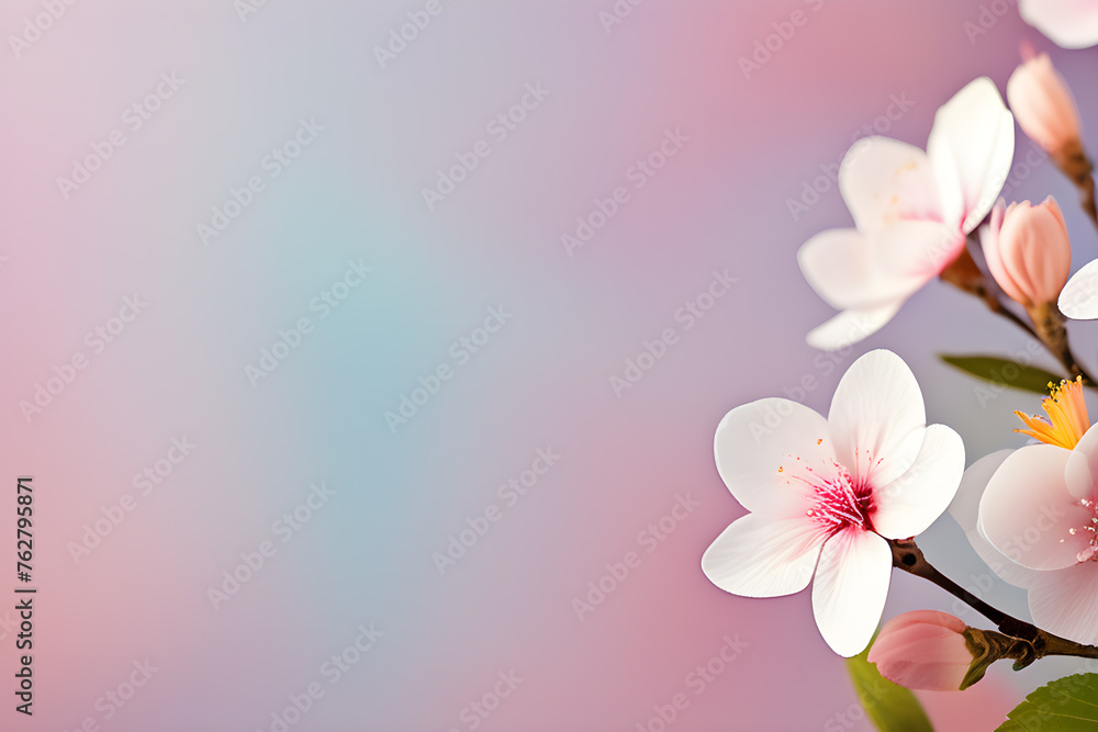 White apple flowers on pink blue background for wedding invitation, greeting card, spring and summer copy space pastel color