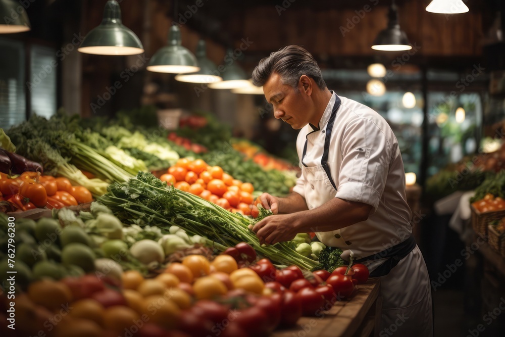 Chef choosing fresh organic vegetables on the market for cooking in restaurant