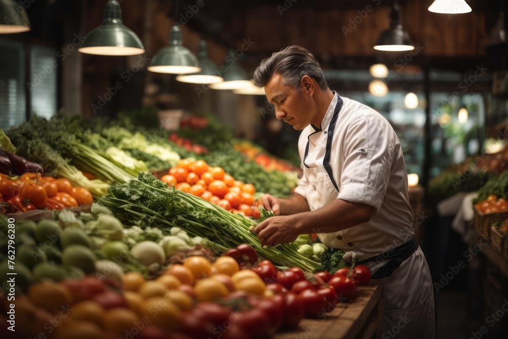 Chef choosing fresh organic vegetables on the market for cooking in restaurant Chef choosing fresh organic vegetables on the market for cooking in restaurant