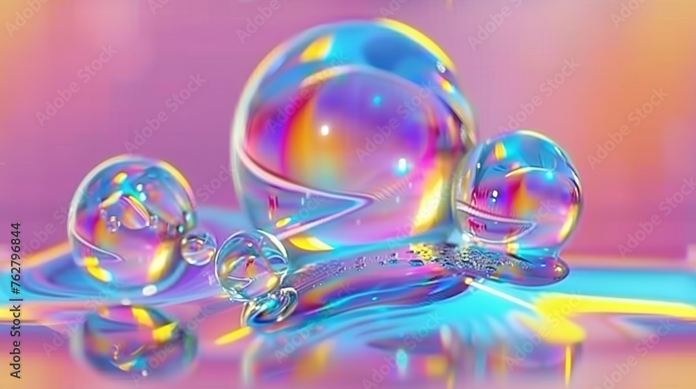a group of bubbles floating on top of a blue and pink surface with a pink and yellow background behind them. a group of bubbles floating on top of a blue and pink surface with a pink and yellow background behind them.