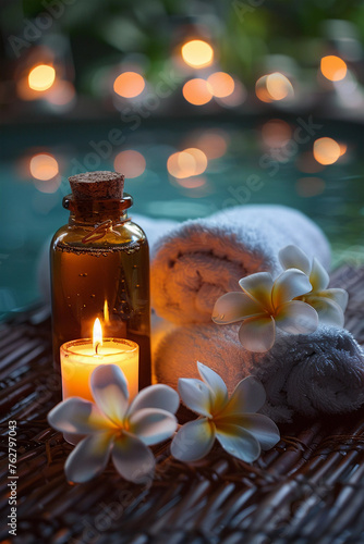 Wellness spa background with candles and spa accessories