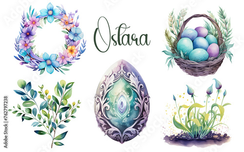 Green and purple Set of Ostara Wiccan watercolor illustrations. Spring Equinox pagan PNG bundle with Eostre egg, wreath and basket of Easter eggs. photo