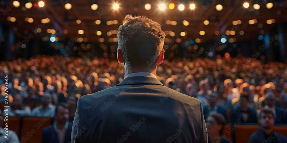 A presenter speaks to a large crowd at a corporate event. Concept Corporate Event, Public Speaking, Business Presentation - obrazy, fototapety, plakaty 