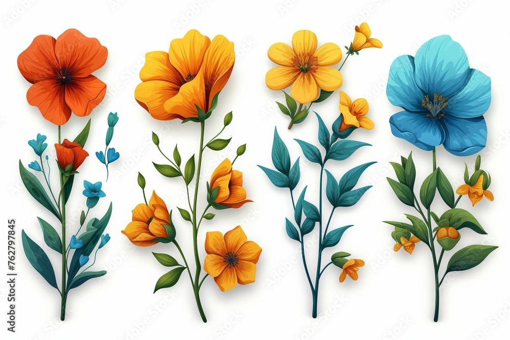 A vibrant array of flower stickers, showcasing blooms in blue A vibrant array of flower stickers, showcasing blooms in blue