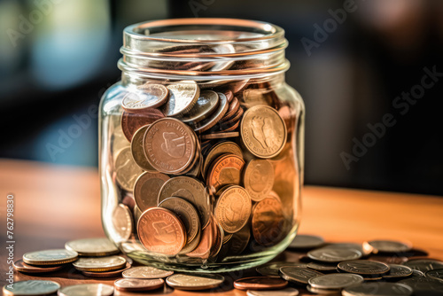 A jar full of coins, including pennies, nickels, dimes, and quarters photo