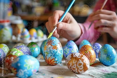 Coloring Easter eggs with vibrant colors and intricate designs, celebrating the joy and renewal of the season.