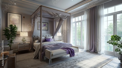 Bedroom with a serene palette of soft lavender and gray, a canopy bed, and recessed ceiling lights


 photo