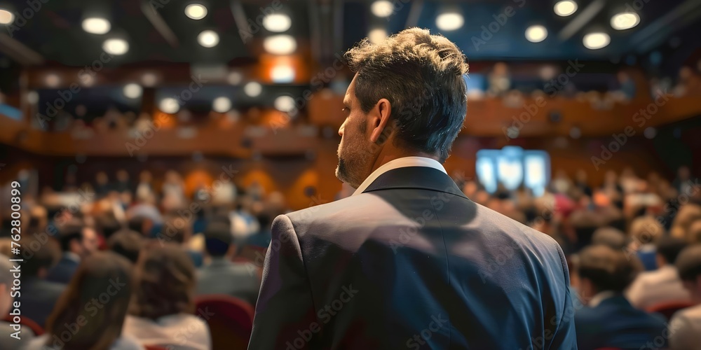 Rear View of Participants in a Business Conference with Speaker Addressing Audience. Concept Conference Venue, Business Professionals, Keynote Speaker, Audience Interaction, Networking Opportunities