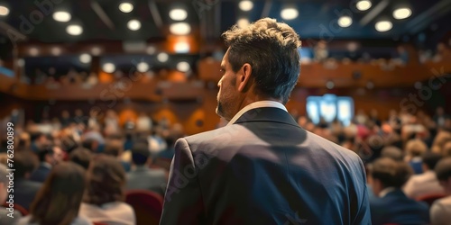 Rear View of Participants in a Business Conference with Speaker Addressing Audience. Concept Conference Venue, Business Professionals, Keynote Speaker, Audience Interaction, Networking Opportunities