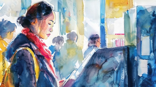 Watercolor art of Asian woman at a polling station. Asian female voter. Citizen vote. Concept of democracy, elections, civic duty, voting rights, freedom, diversity. Abstract. Copy space photo