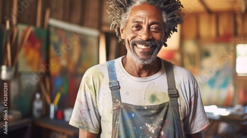 Elderly smiling African American man artist next to his artwork in art studio. Concept of artistic talent, senior creativity, art therapy, interesting hobby, exciting leisure time, oil painting