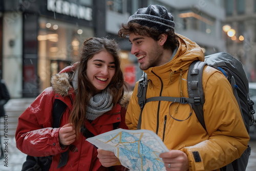 Happy Couple Navigating City Streets with Map in Winter