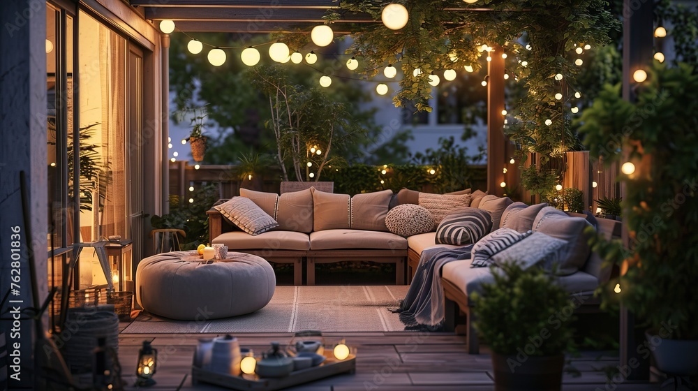 Cozy outdoor lounge with earthy tones, wooden furniture, and soft globe string lights


