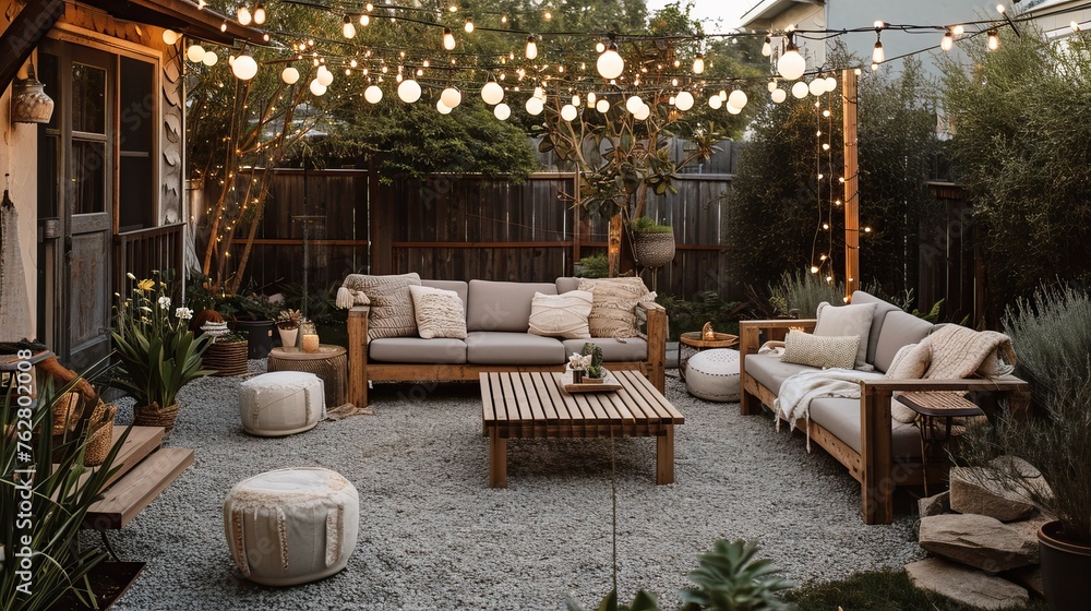 Obraz premium Cozy outdoor lounge with earthy tones, wooden furniture, and soft globe string lights